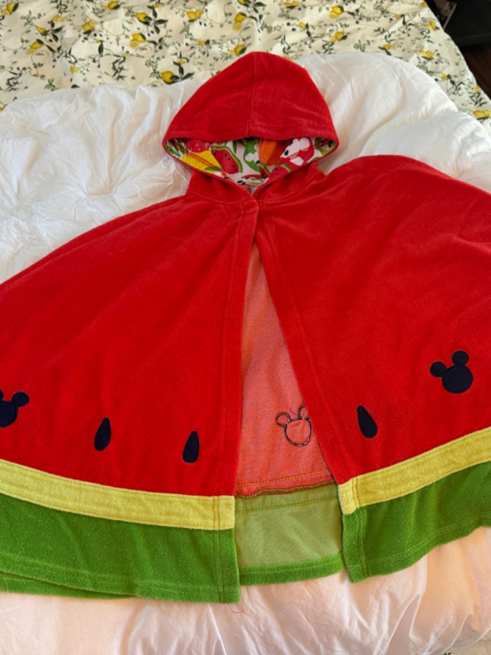 Disney Red Hooded Watermelon Print Cape with Black Seed Accents
